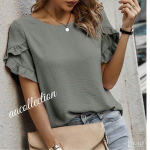Classic Elegant Ruffle Trim Petal Sleeve Top Blouse Shirt